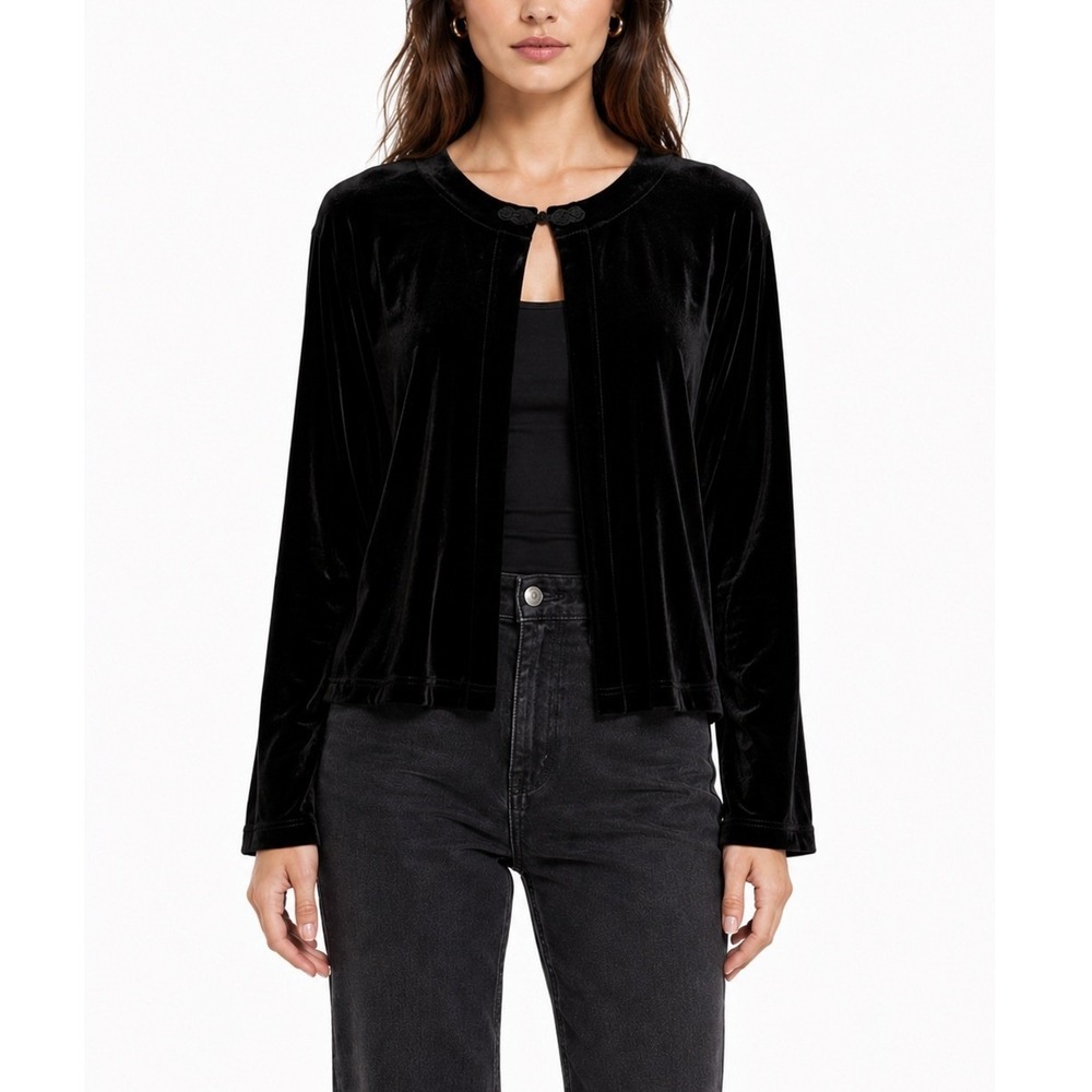 CLIO Black Velvet Open Front Cardigan Jacket Top Women Large Vintage Made in USA